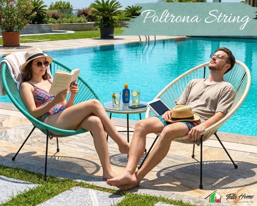 Tata Home Poltrona Relax da Giardino Mod. String Bianco Telaio in Acciaio