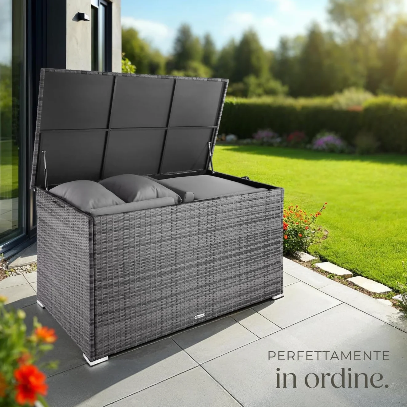 tectake Box Contenitore da Esterno 750L, Mobile da Giardino in Polyrattan e Alluminio, 145 x 82,5 x 79,5 cm - Grigio