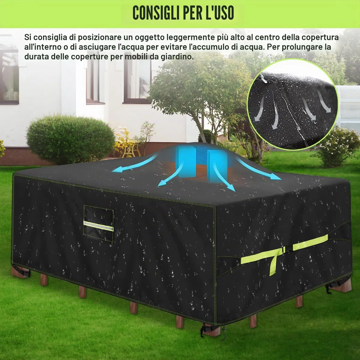 VDISRR Copertura Tavolo Esterno Impermeabile 220x110x70cm, 420D Resistente Tessuto Oxford Copertura Per Mobili da Giardino con Sfiato d'Aria Telo Esterno Antivento, Anti-UV, Antipolvere