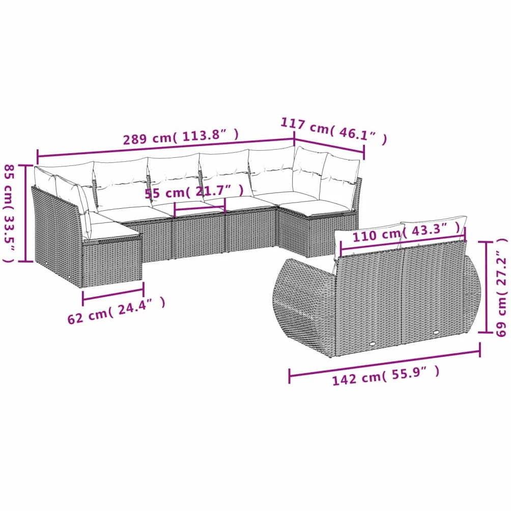 Set Giardino Esterno, Divanetti Da Esterno, Set Divano Giardino per Esterno, Set Divano da Giardino 9 pz con Cuscini Beige in Polyrattan #3