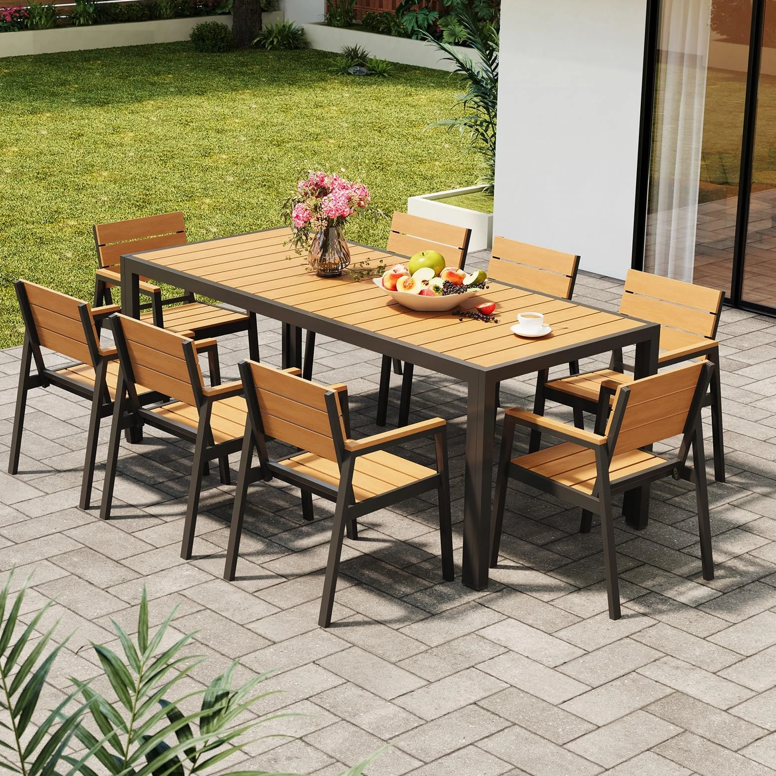 Devoko HDPS Set Tavolo e Sedie da Giardino 9 Pezzi Alluminio Finitura Vena di Legno 189 cm Naturale