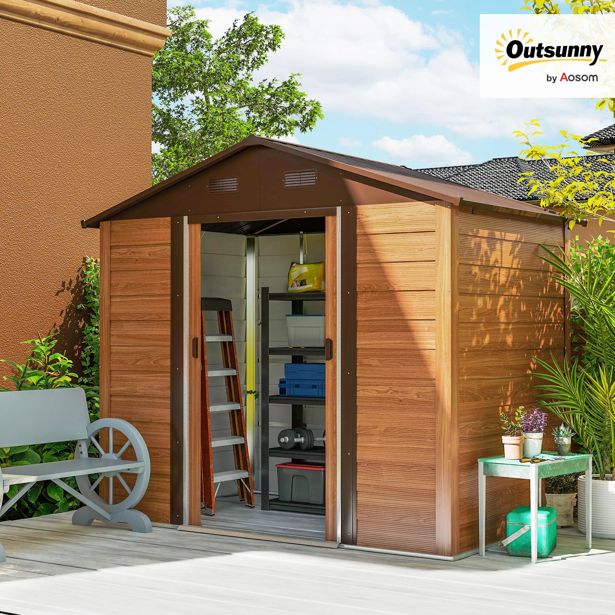 Outsunny Casetta da Giardino 4.07m² Acciaio Zincato con Porta Attrezzi Tetto Inclinato Doppie Porte Scorrevoli Bloccabili Marrone