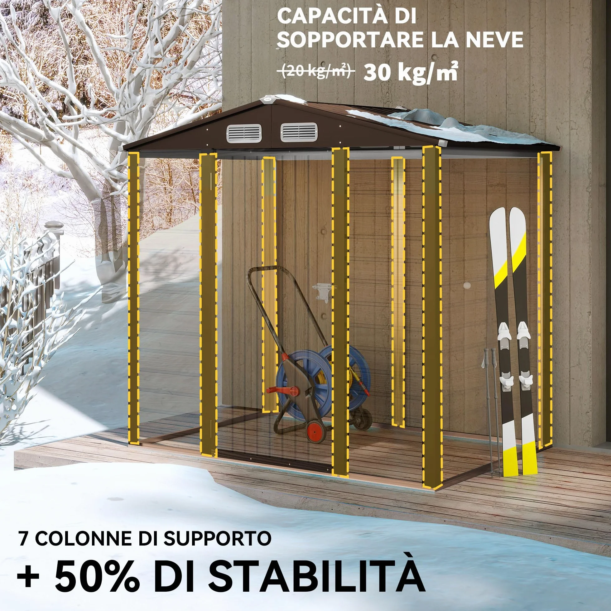 Outsunny Casetta da Giardino 1.9x1.3 m Acciaio Capanno Porta Attrezzi Lamiera Prese d'Aria Catenaccio Quercia