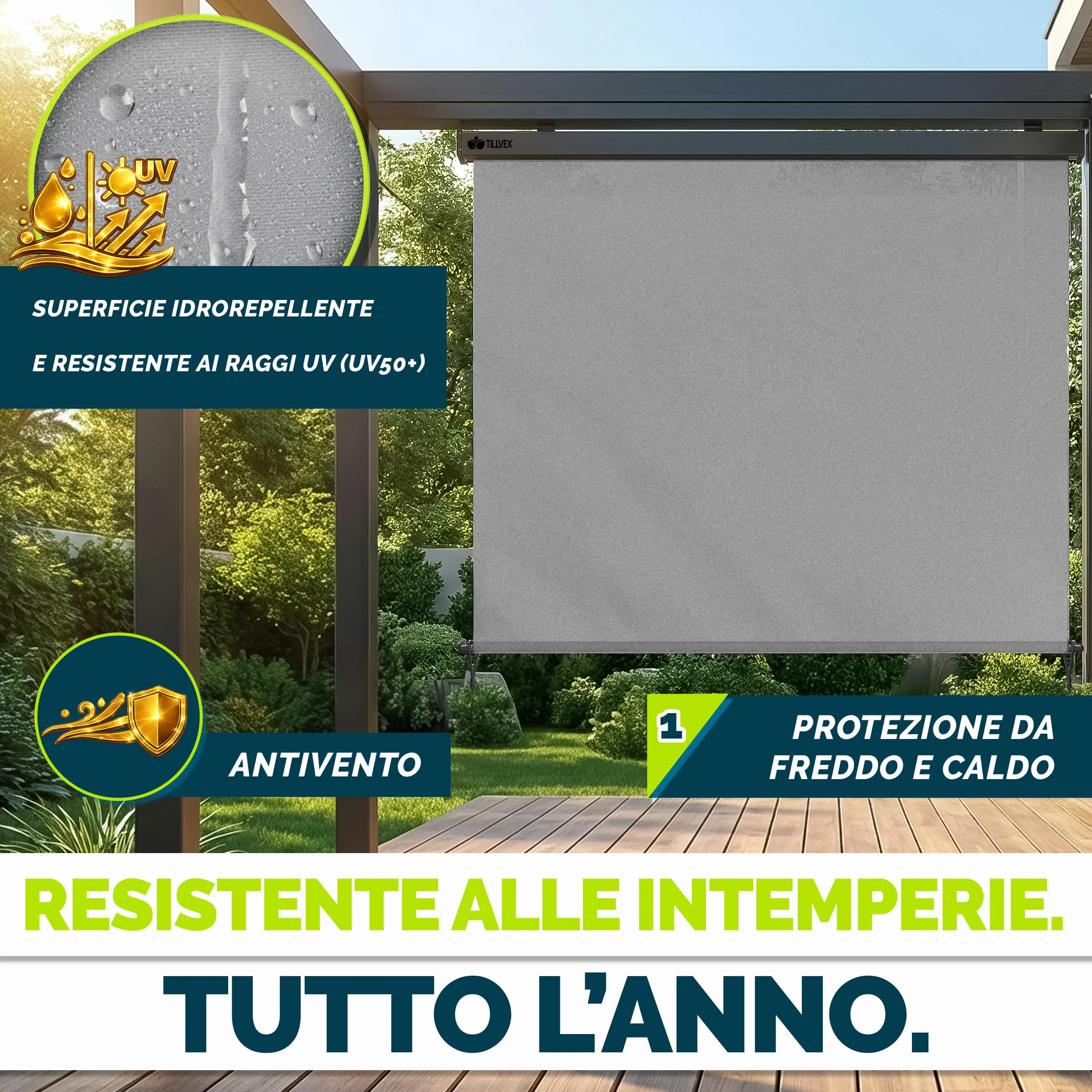 Tillvex Tenda da sole verticale 200 x 250 cm impermeabile con manovola in alluminio per balcone terrazza giardino