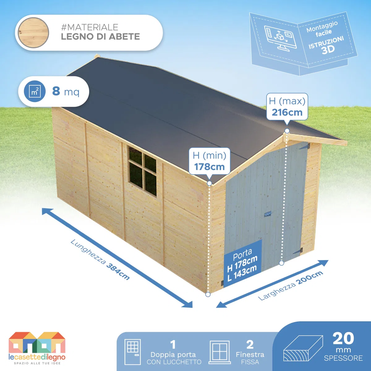 Casetta da giardino in legno per esterno 2Mq 200x400 20mm MADE IN ITALY mod. SONDRIO (Con Grondaia, Kit 2 Finestre Apribili)