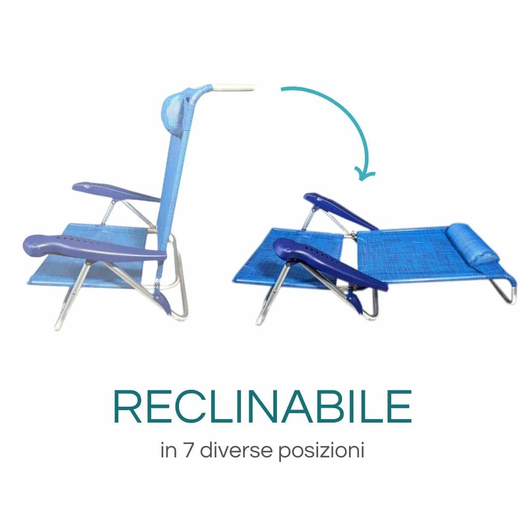 PALUPLUS 2 Spiaggine Pieghevoli con Braccioli, Misura 55x46x80 cm, Struttura Alluminio, Reclinabile in 7 Posizioni, Cuscino Poggiatesta, Sedia per Spiaggia, Piscina, Portata 100Kg -1771F (Blu)