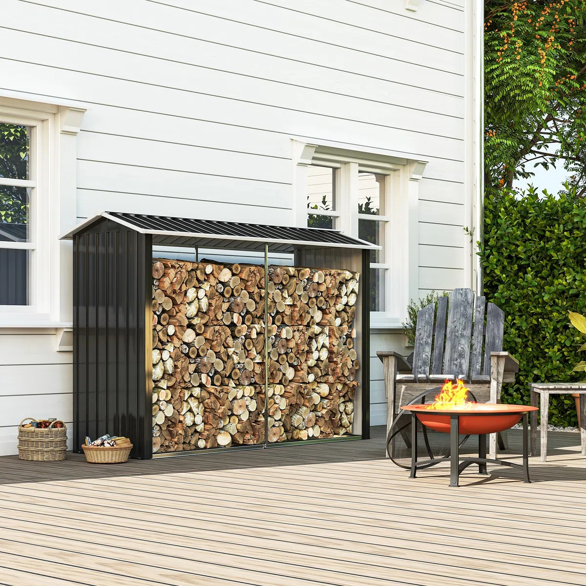 Outsunny Portalegna da Esterno Acciaio Galvanizzato 240x86x160cm Nero con Base Rialzata e Tetto Inclinato