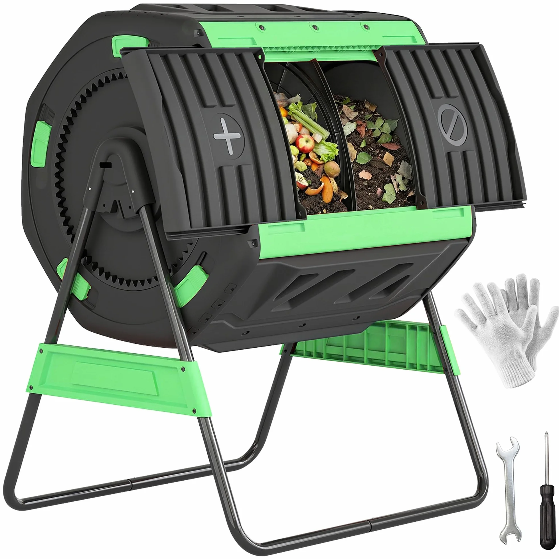 Outsunny Compostiera da Giardino Rotante 200L a Doppia Camera, Girevole 360°, Prese d'Aria, PP Senza BPA