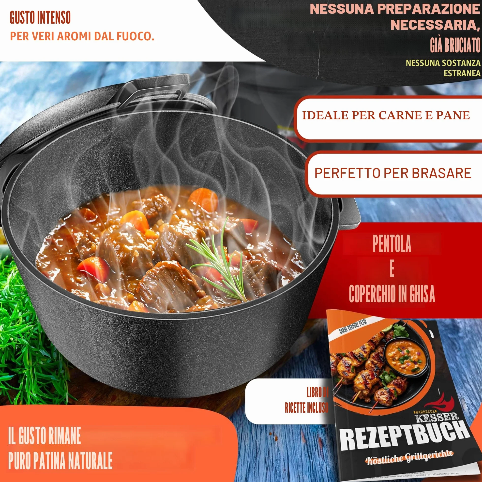KESSER® Forno Olandese pentola in ghisa 2in1 da 4,8 l e padella da 1,8 l pronta per l'uso incl. Ricettario Casseruola Coperchio/padella a doppia funzione