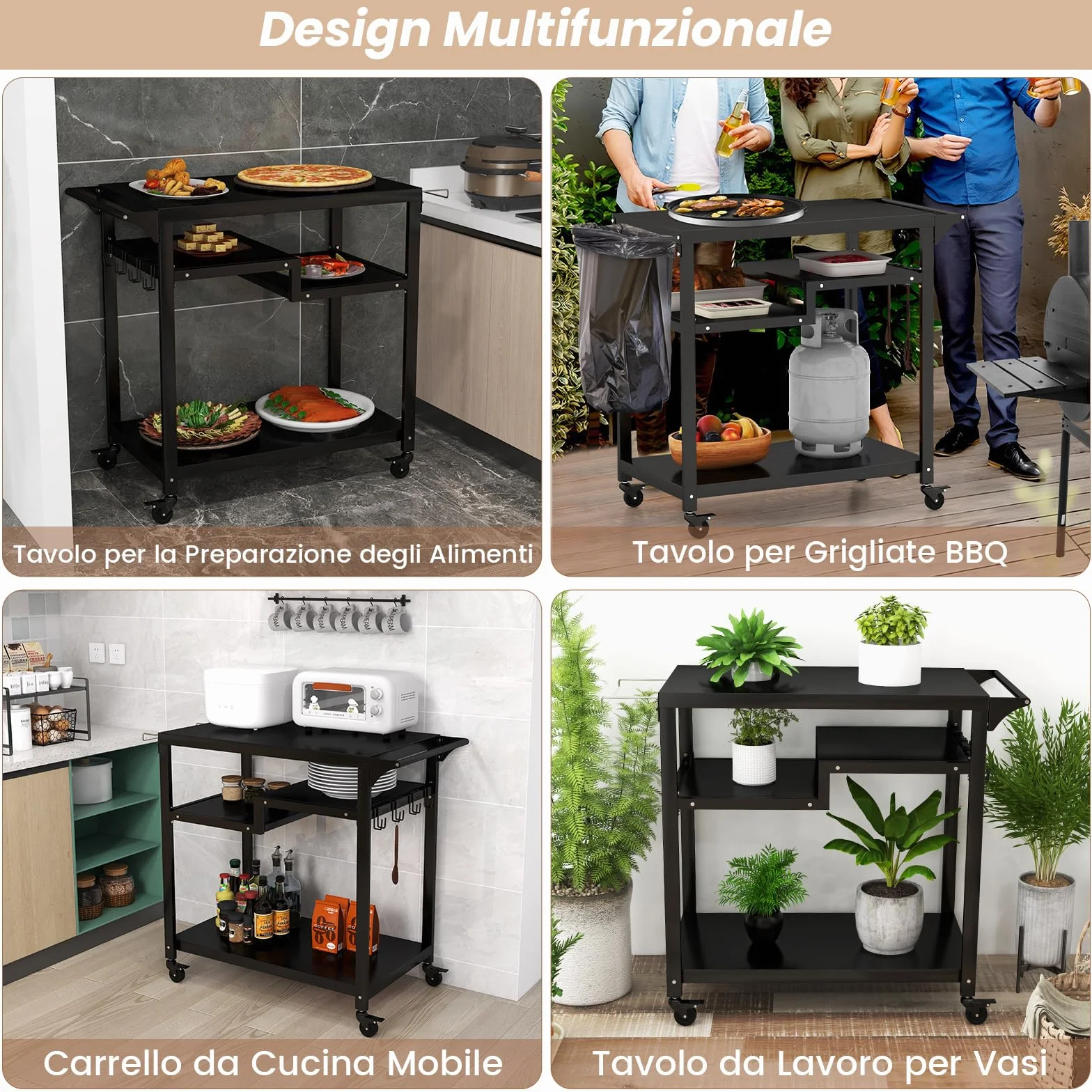 COSTWAY Carrello Barbecue da Esterno Portatile 3 Ripiani 4 Ruote Bloccabili