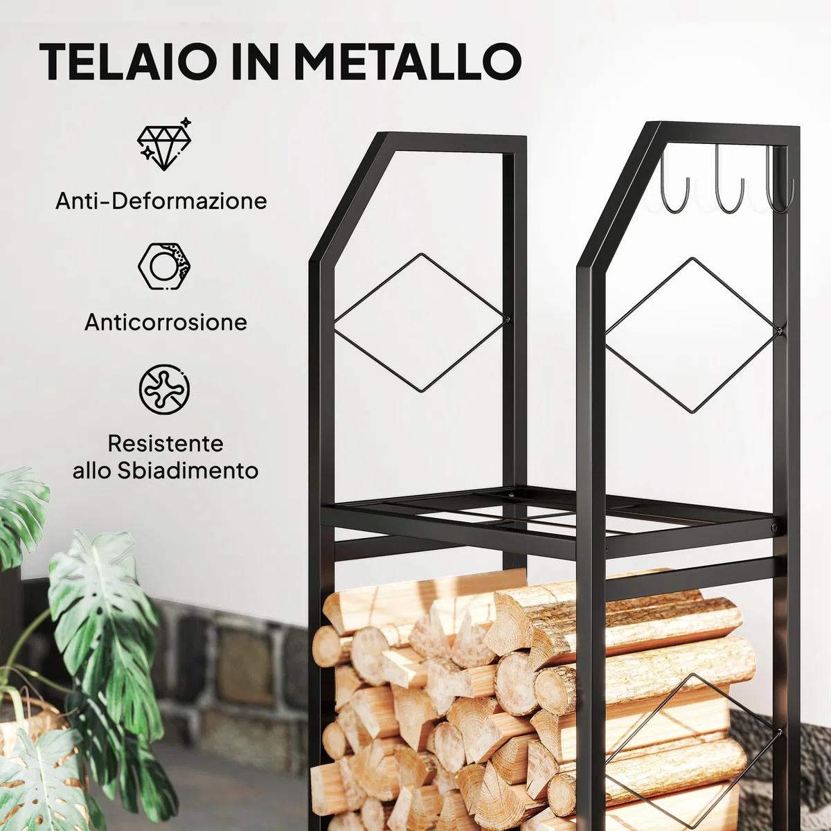 Outsunny Porta Legna in Metallo 2 Livelli 3 Ganci 100kg 41x30x81 cm Nero