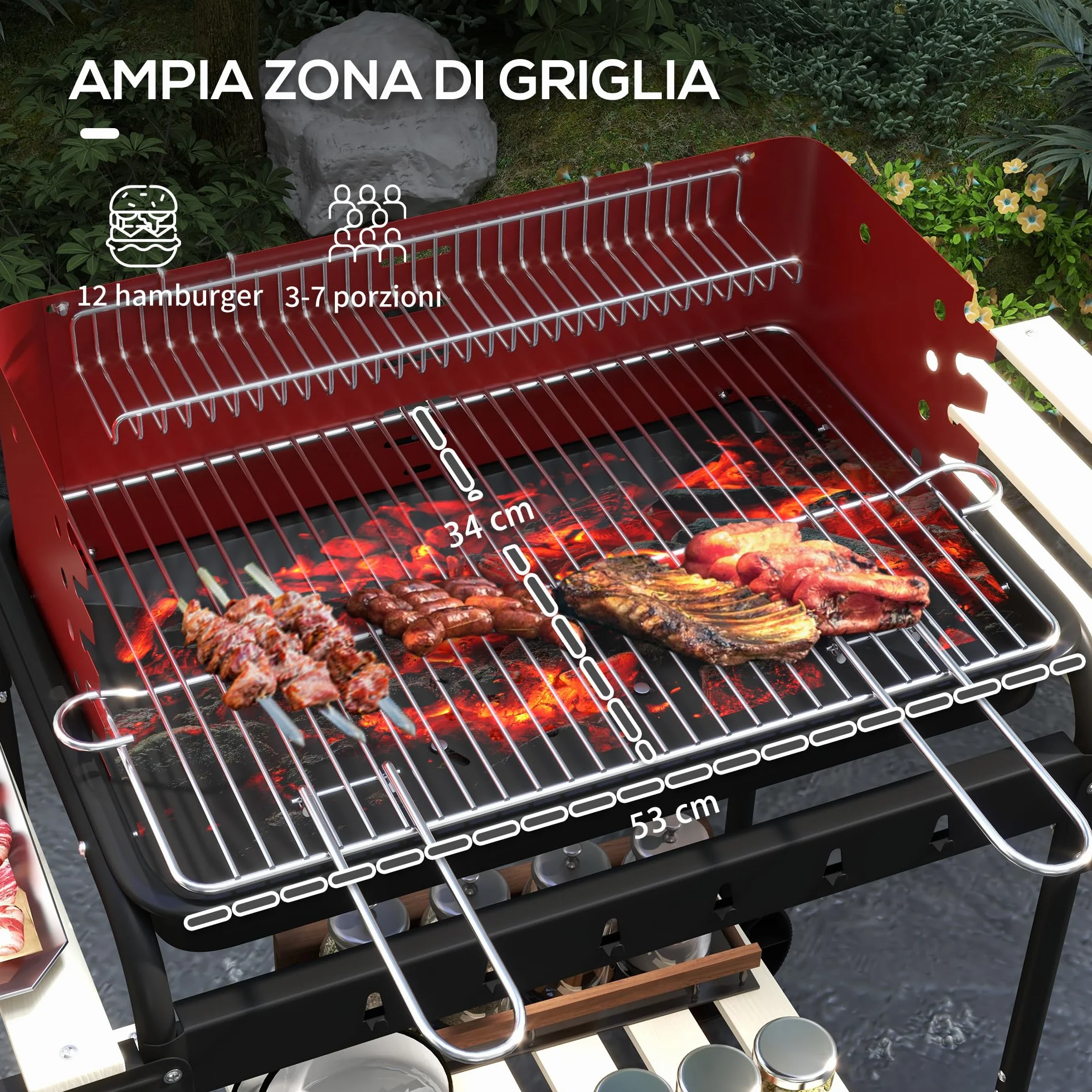 Outsunny Barbecue a Carbonella con Ruote, Griglia Regolabile, 3 Ripiani, 103x47x95 cm, Rosso