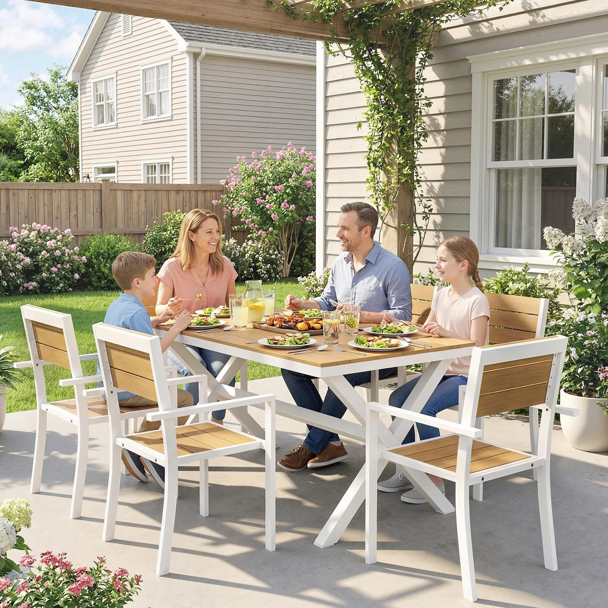 Outsunny Set Tavolo e Sedie da Giardino 7 Pezzi, Alluminio, 6 Sedie Impilabili, Tavolo Effetto Legno, Teak
