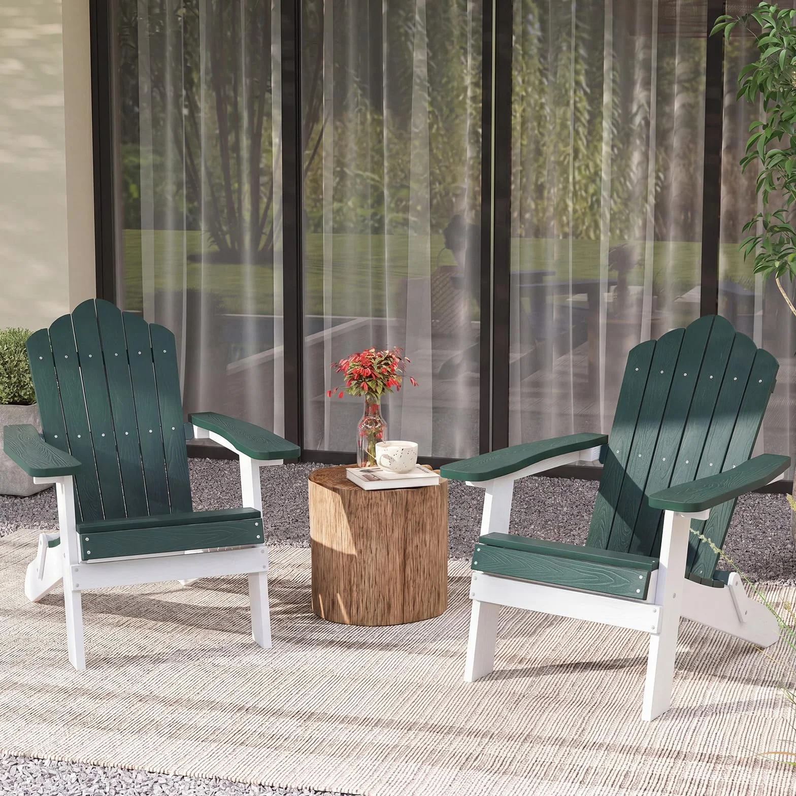 COSTWAY Sedia Adirondack Pieghevole da Giardino, Sedia da Patio in HIPS con Braccioli Larghi e Schienale Inclinato, Poltrona in Legno, per Giardino Cortile, Portata 180 kg (1, Verde+Bianco)