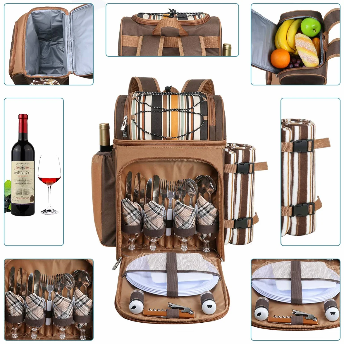 Zaino da picnic per 4 persone con scomparto refrigerante, portabottiglie staccabile, coperta in pile, set di piatti e posate