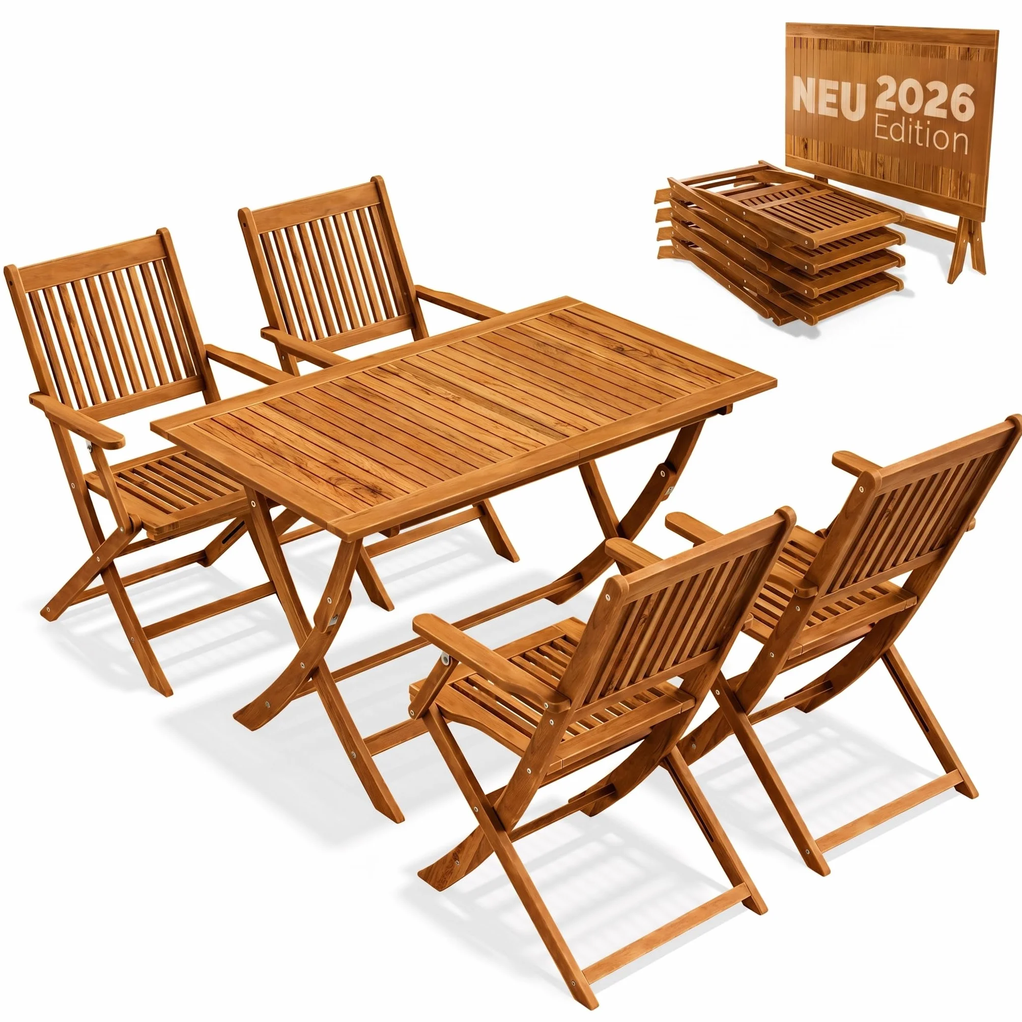 Casaria Tavolo e 4 Sedie con Braccioli da Giardino in Legno di Acacia FSC® Modello 2026 Pieghevole 5 Pezzi Set Mobili Esterno