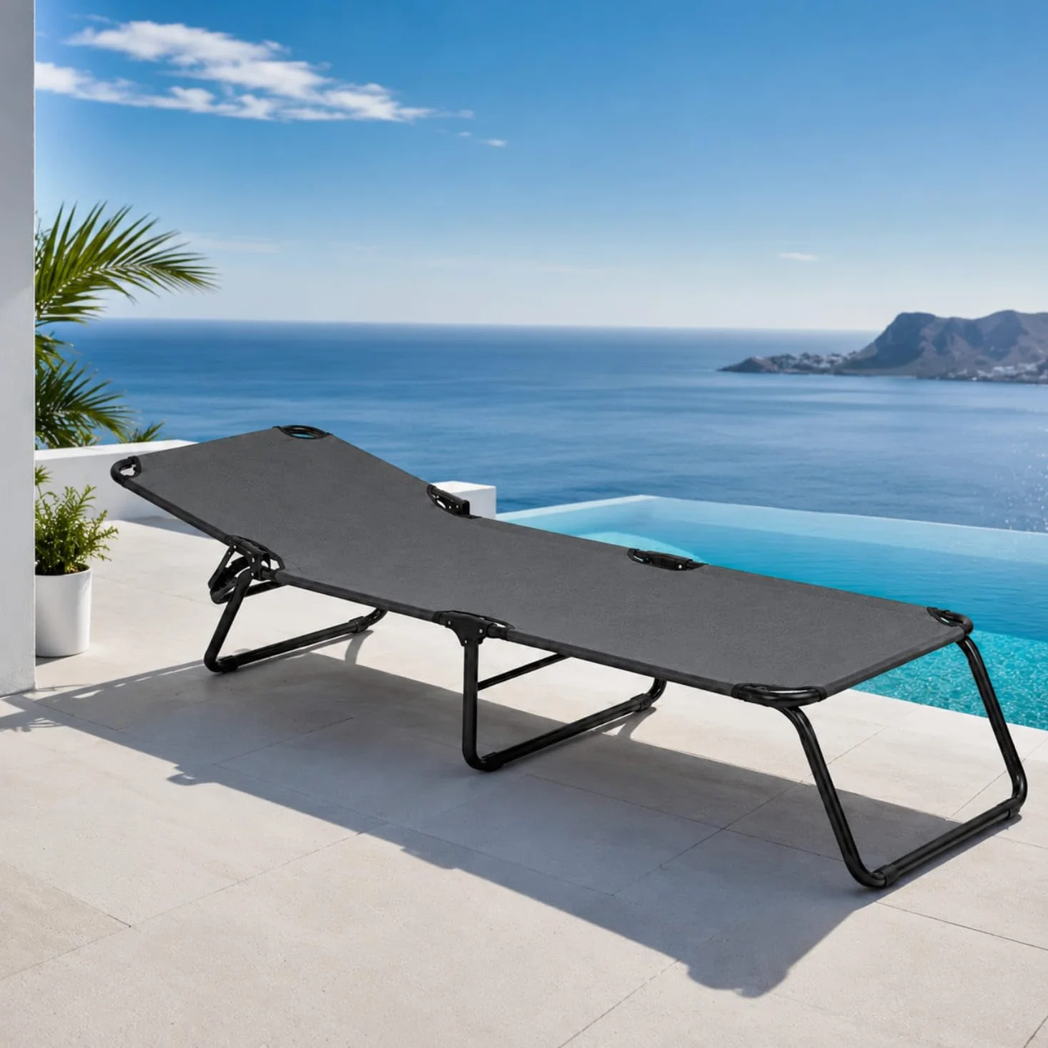 Lettino Pieghevole Prendisole Schienale Reclinabile Struttura Metallo Nero 187x53x24 cm Grigio Scuro