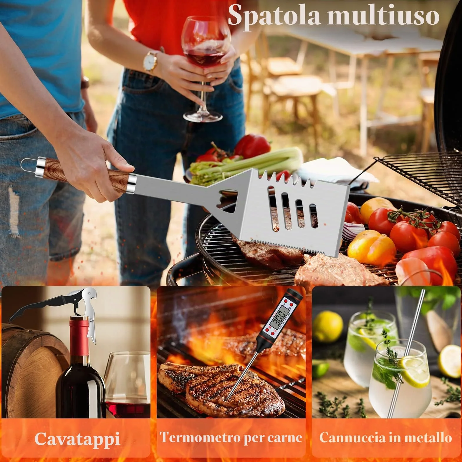 Grilliance Set di 38 posate per barbecue, in acciaio inox, accessori per barbecue per uomini, regalo di compleanno, set di utensili per barbecue di alta qualità, valigetta per barbecue，marrone