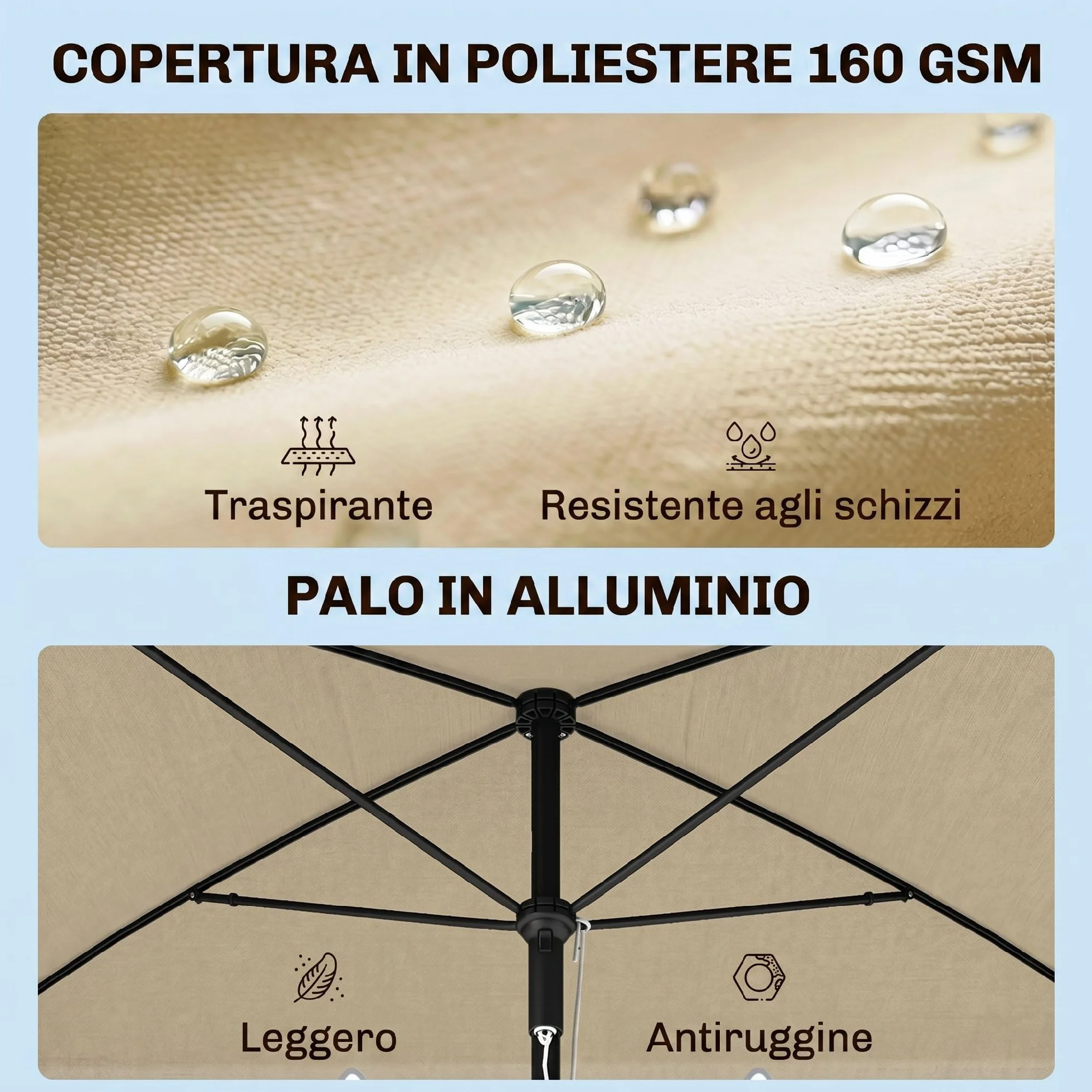 Outsunny Ombrellone da Giardino 2x1,3m Inclinabile con Bordi Arruffati, 4 Stecche in Alluminio e Poliestere 160g/m²