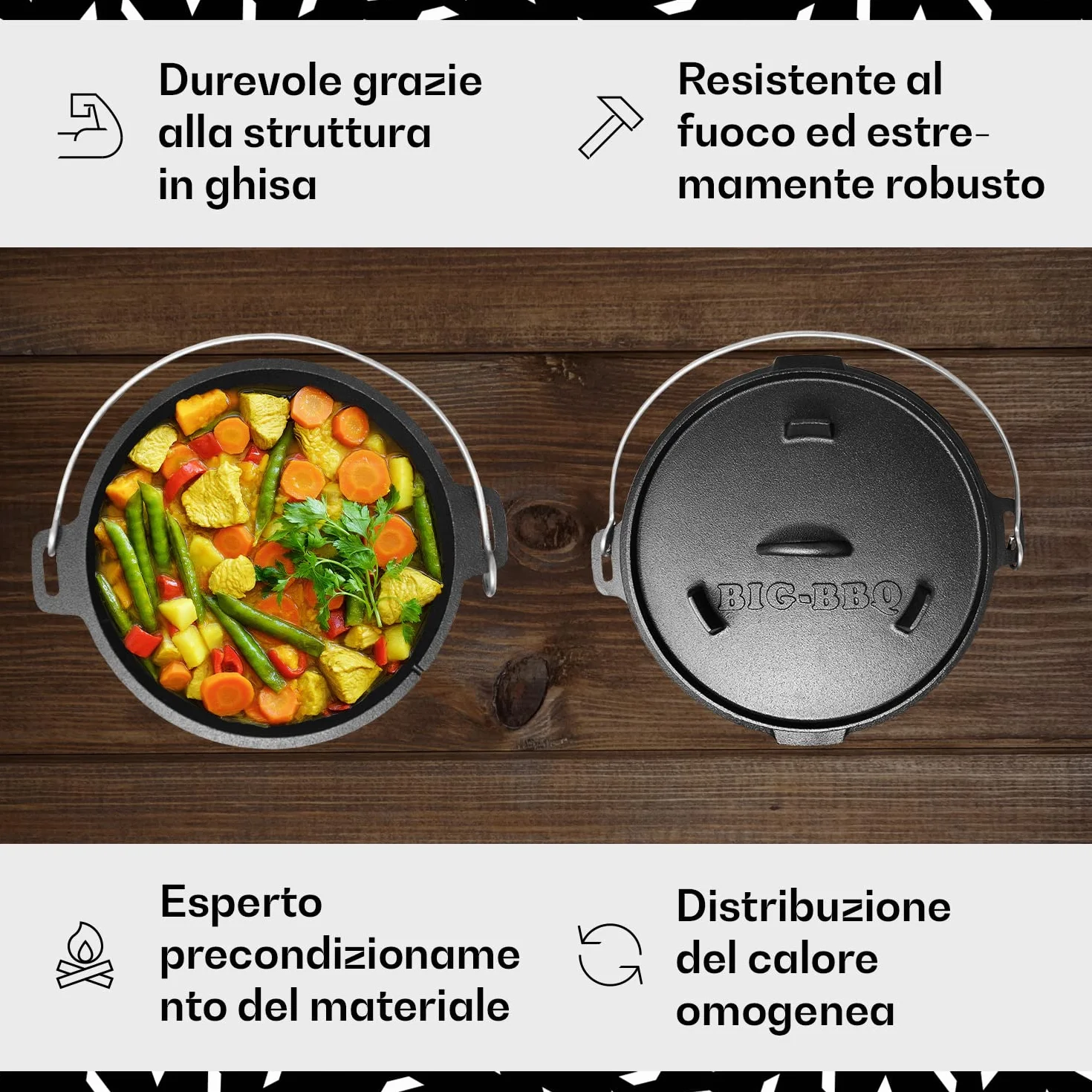 Griglia Dutch Oven in ghisa | Pentola in ghisa già rodata | Dutch oven di massima qualità con sollevatore coperchio | con e senza gambe, Ghisa, nero, 12er - 9.0qt - Füße