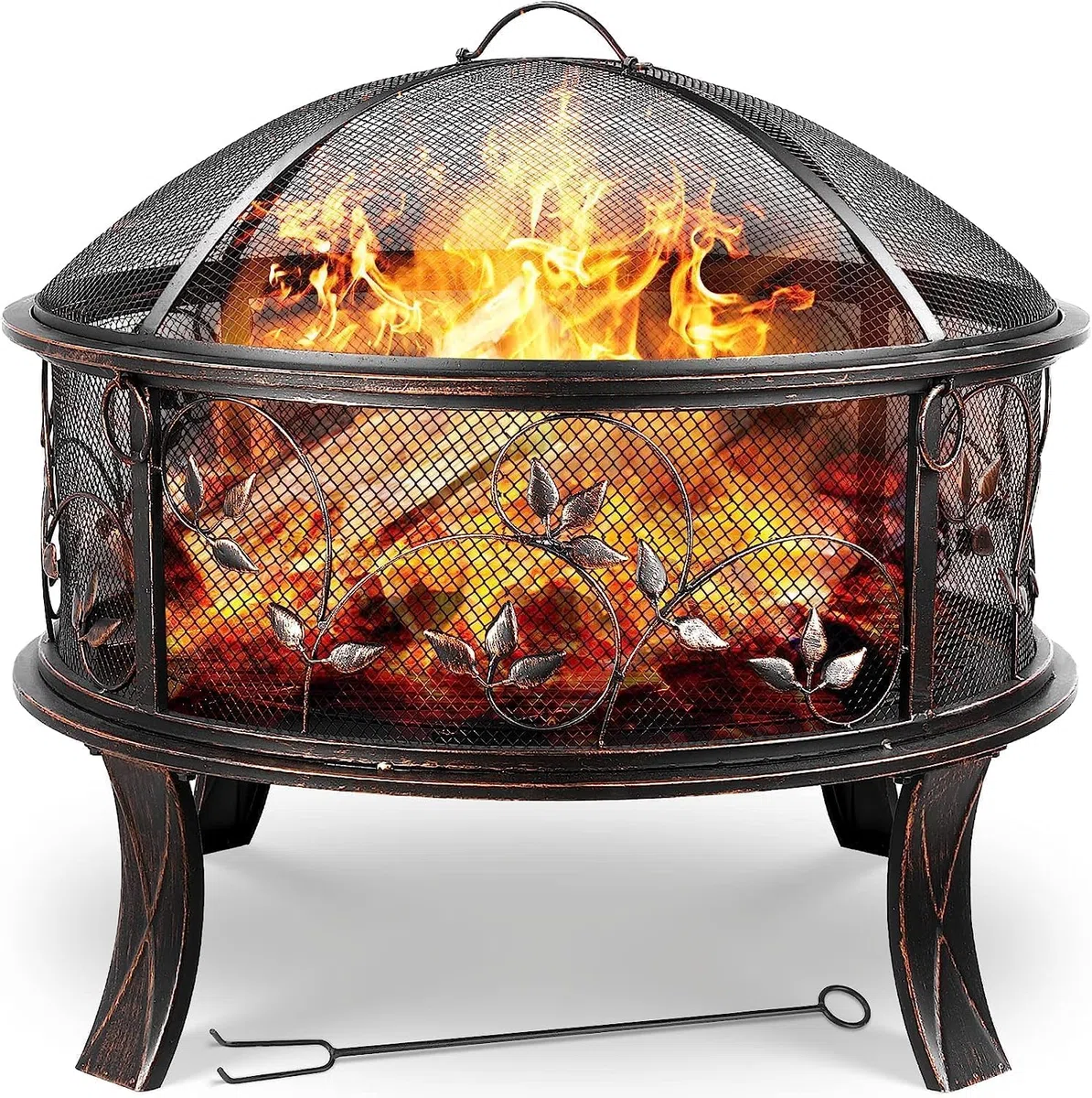 TLGREEN Braciere da giardino, braciere da Esterno con parascintille, stabile, fire pit 71 x 65 cm, con griglia per poker, 4 PCS piede, campeggio, spiaggia, tetto, look retrò, squisito motivo erba