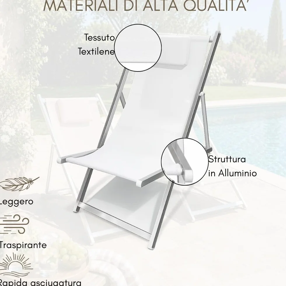ZIK Set 2 Sedia Sdraio Pieghevole da Giardino Esterno, Cuscino Rimovibile, Schienale Regolabile, Poltrona Relax Reclinabile, Alluminio e Textilene per Piscina Spiaggia (Bianco)