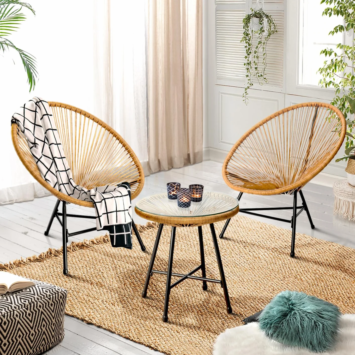 Set mobili da Giardino Izmir Tavolo 2 poltrone Corda Effetto Rattan