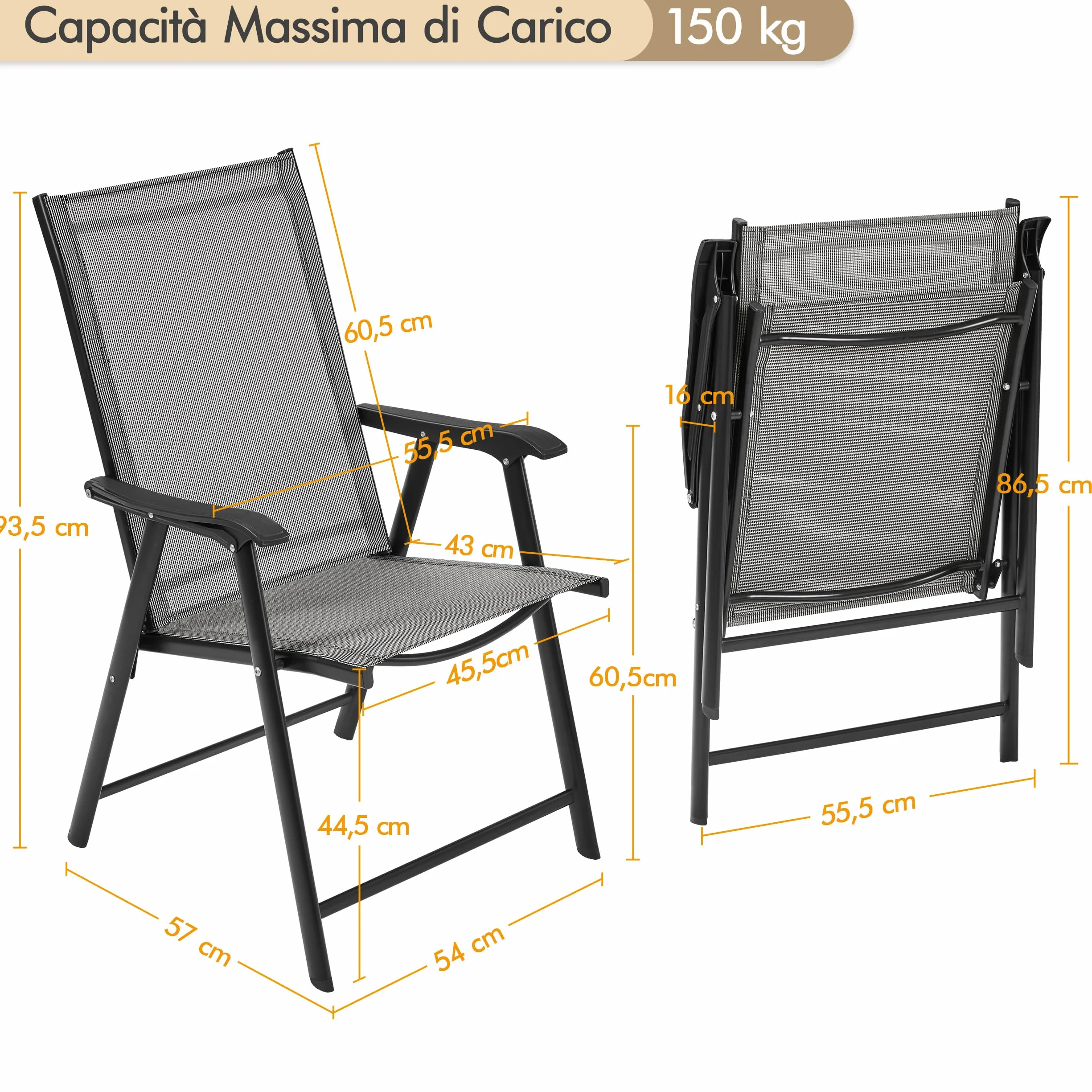Yaheetech Set di 2 Sedie da Giardino Pieghevoli con Braccioli in Tela Grigio