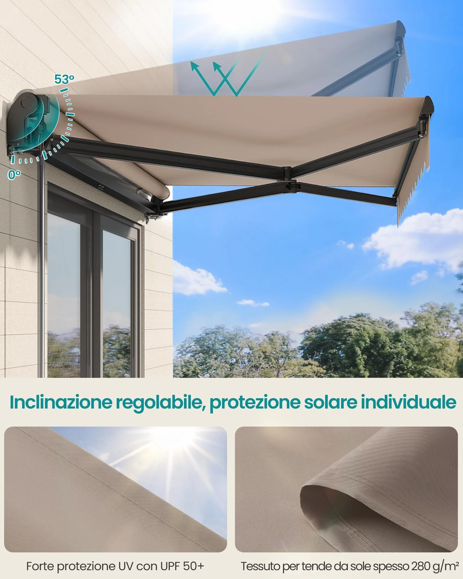 SONGMICS Tenda da Sole a Bracci Articolati 300 x 250 cm UPF 50+ Lega di Alluminio Marrone Giallastro
