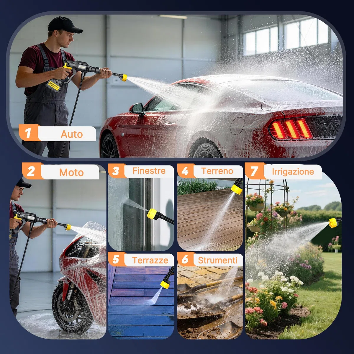 Idropulitrice a Batteria Portatile Professionale 5M Tubo Ugello 6 in 1 per Giardino Auto