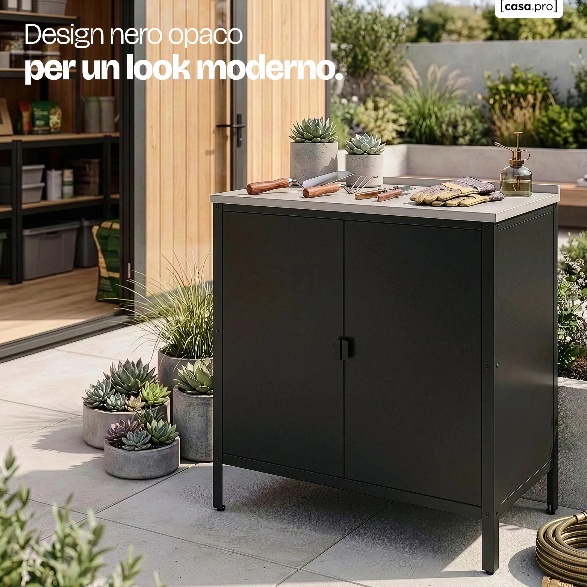 casa.pro Armadio da Giardino Mobile Organizzatore da Esterno 92 x 80 x 50 cm Armadietto in Acciaio con 2 Ante e Ripiano Piedini Regolabili per Livellare - Nero Opaco
