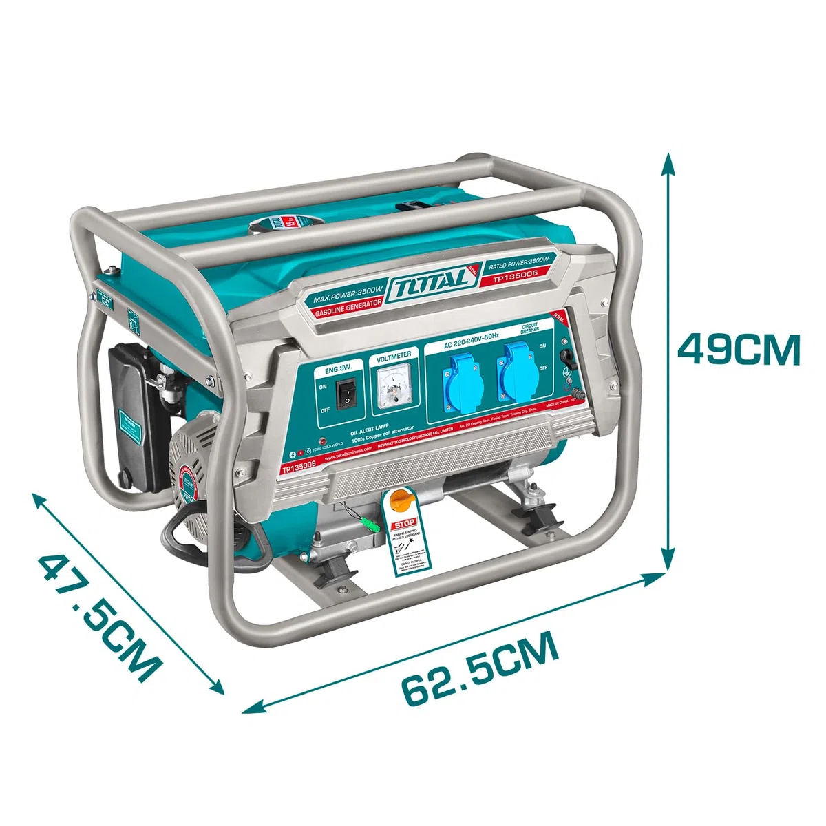 TOTAL - Generatore Di Corrente Portatile 3500W A Benzina, Motore 4 Tempi OHV, Alternatore In Rame, Avviamento Recoil, Serbatoio 15L, 220-240V, Generatore Silenziato Per Casa E Cantiere