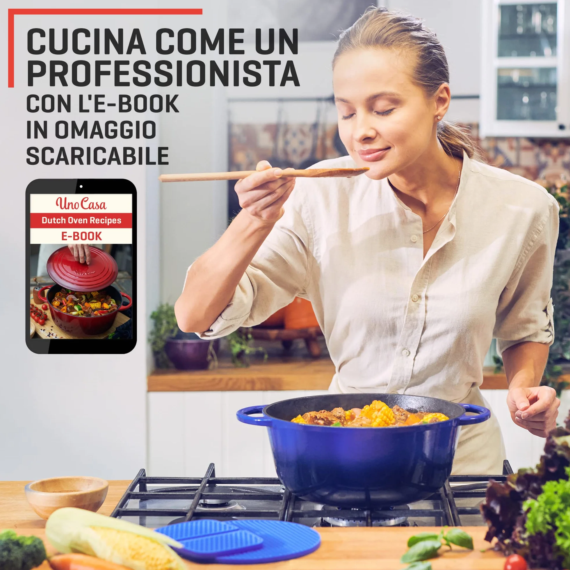 Uno Casa Pentola Forno Olandese in Ghisa Smaltata 5,6 litri Blu con Presine e Sottopentola in Silicone
