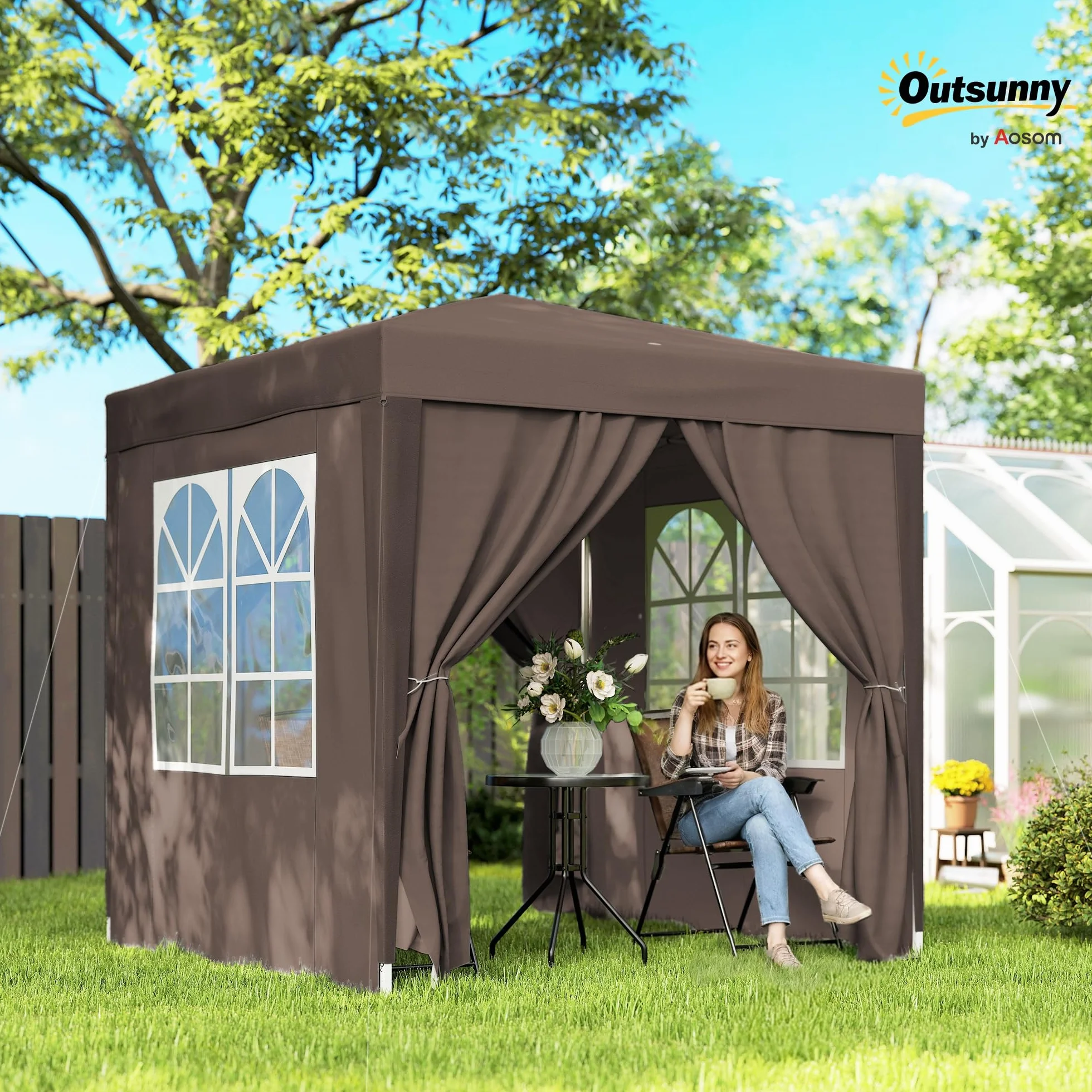 Outsunny Gazebo 2x2 m Pop-up Impermeabile con 4 Pareti Rimovibili, Marrone