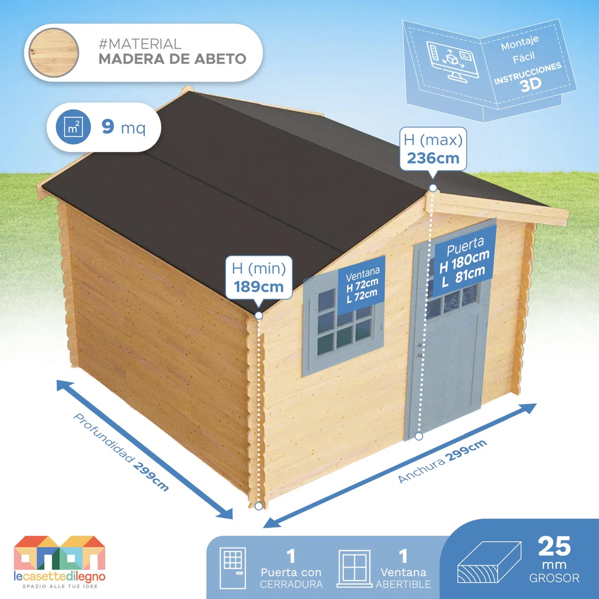 Casetta da giardino in legno per esterni 9 mq 300x300 25mm MADE IN ITALY mod. DALI' casetta in legno, rimessa attrezzi, deposito, box per esterni (Con Pavimento)