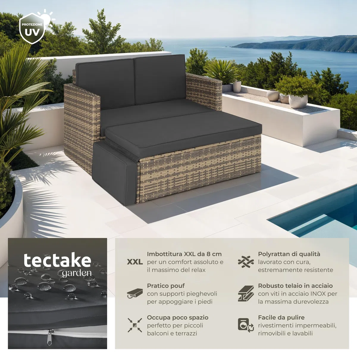 tectake® Divano Lounge in Rattan Corfù, Componibile, Pouf con Sostegno Pieghevole, Cuscini Spessi, Telaio in Acciaio Verniciato, Alta Qualità, Comfort Superiore - Naturale