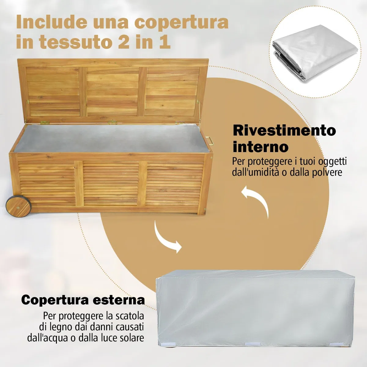 RELAX4LIFE Panca Baule182 L in Legno di Acacia con Ruote e Maniglie, Contenitore Portatutto da Interno Esterno, Cassapanca Contenitore da Interno,127x20x45cm
