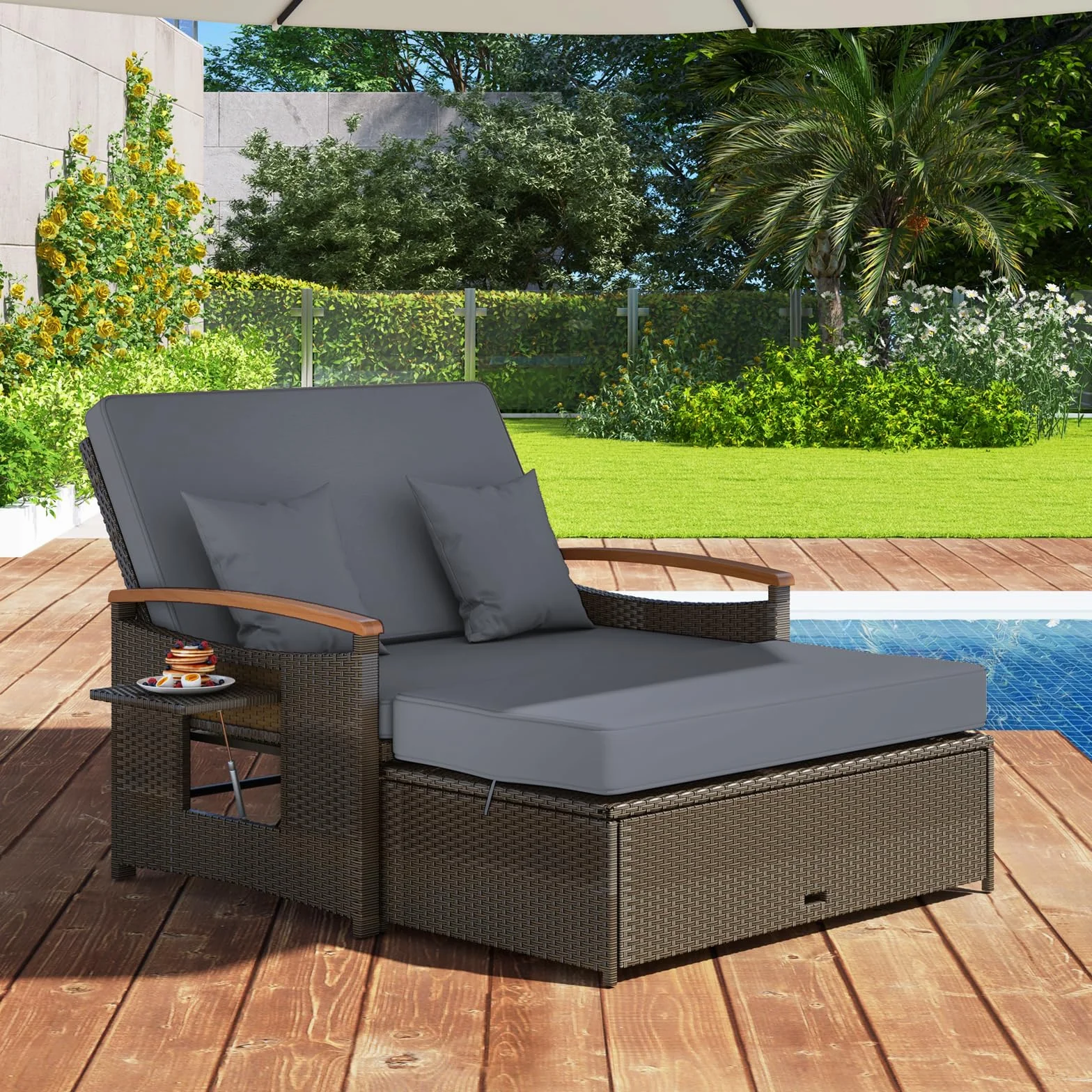 GIANTEX Divano da Giardino in Rattan a 2 Posti con Funzione Allungata, Set di Mobili in Rattan con Sgabello, Doppia Sedia a Sdraio per 2 Persone, 3 Colori (Cuscino Grigio)