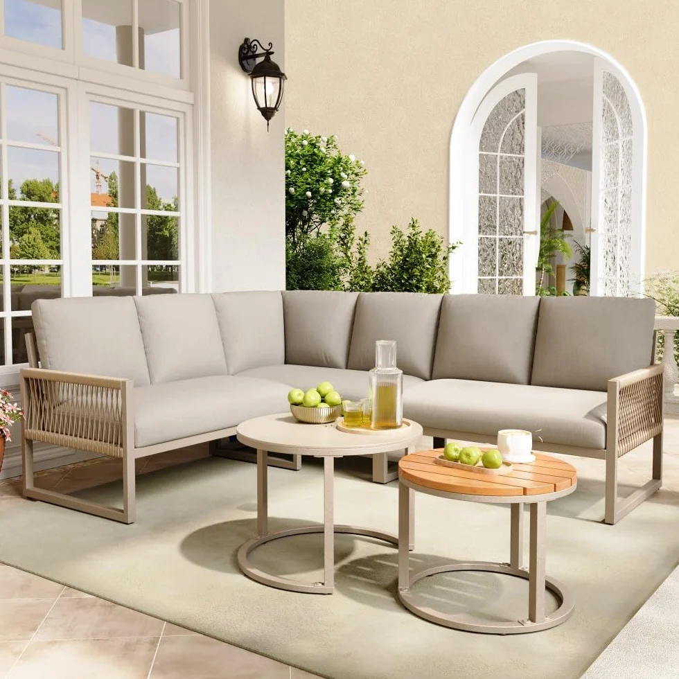 Set salotto da giardino, set di mobili per 6-7 persone, divano angolare con struttura in ferro zincato, gambe regolabili, compresi tutti i cuscini di seduta e schienale, beige