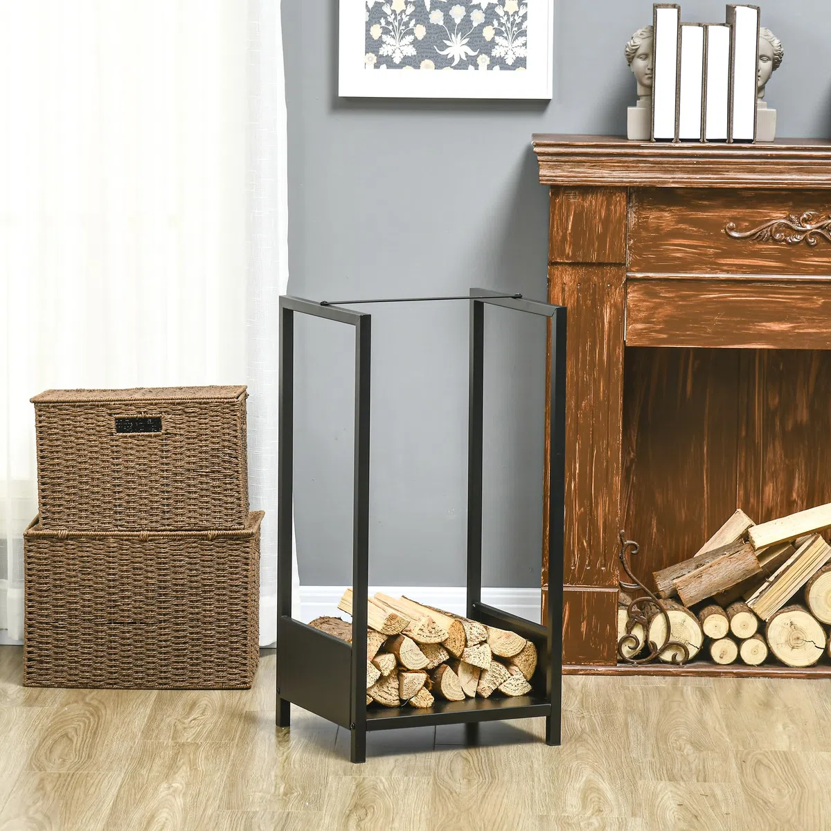 Outsunny Scaffale Portalegna in Acciaio 39x35x76cm Nero