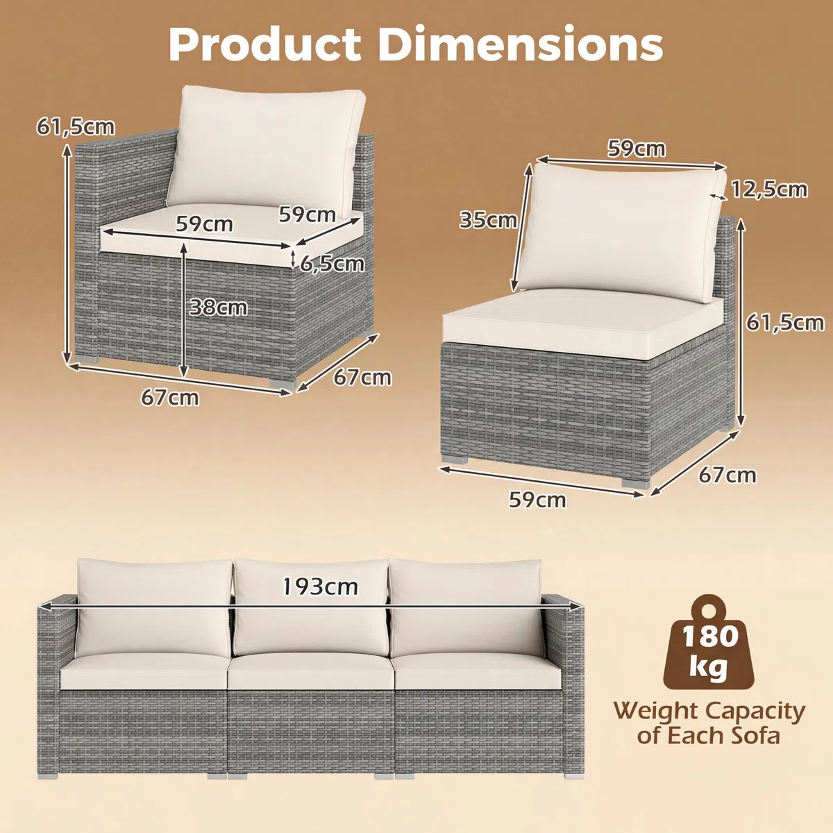 GIANTEX Divano da Giardino a 3 Posti in Rattan con Cuscino Imbottito, Mobili per Terrazza e Balcone, Colore Beige/Grigio, 193 x 67 x 61,5 cm (Beige)