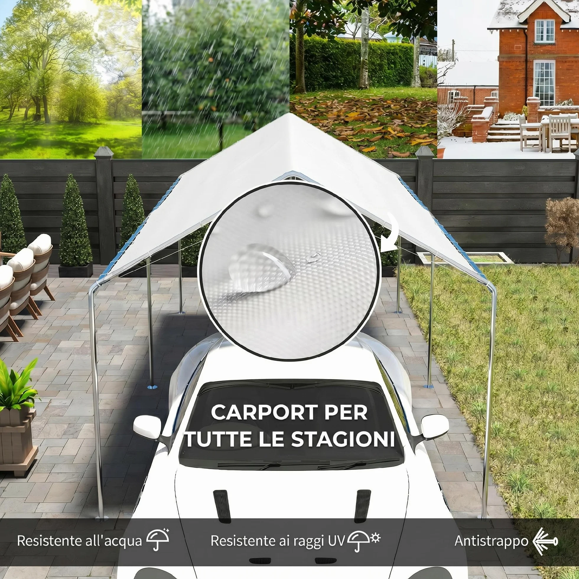 Outsunny Gazebo Copertura per Auto 6x3m Acciaio Zincato Bianco
