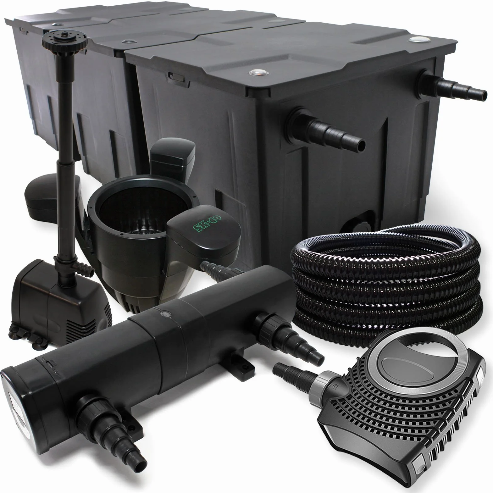 Set filtrante Filtro bio per laghetto 90000l con Chiarificatore UV 24W, Pompa 80W, Skimmer e Fontana