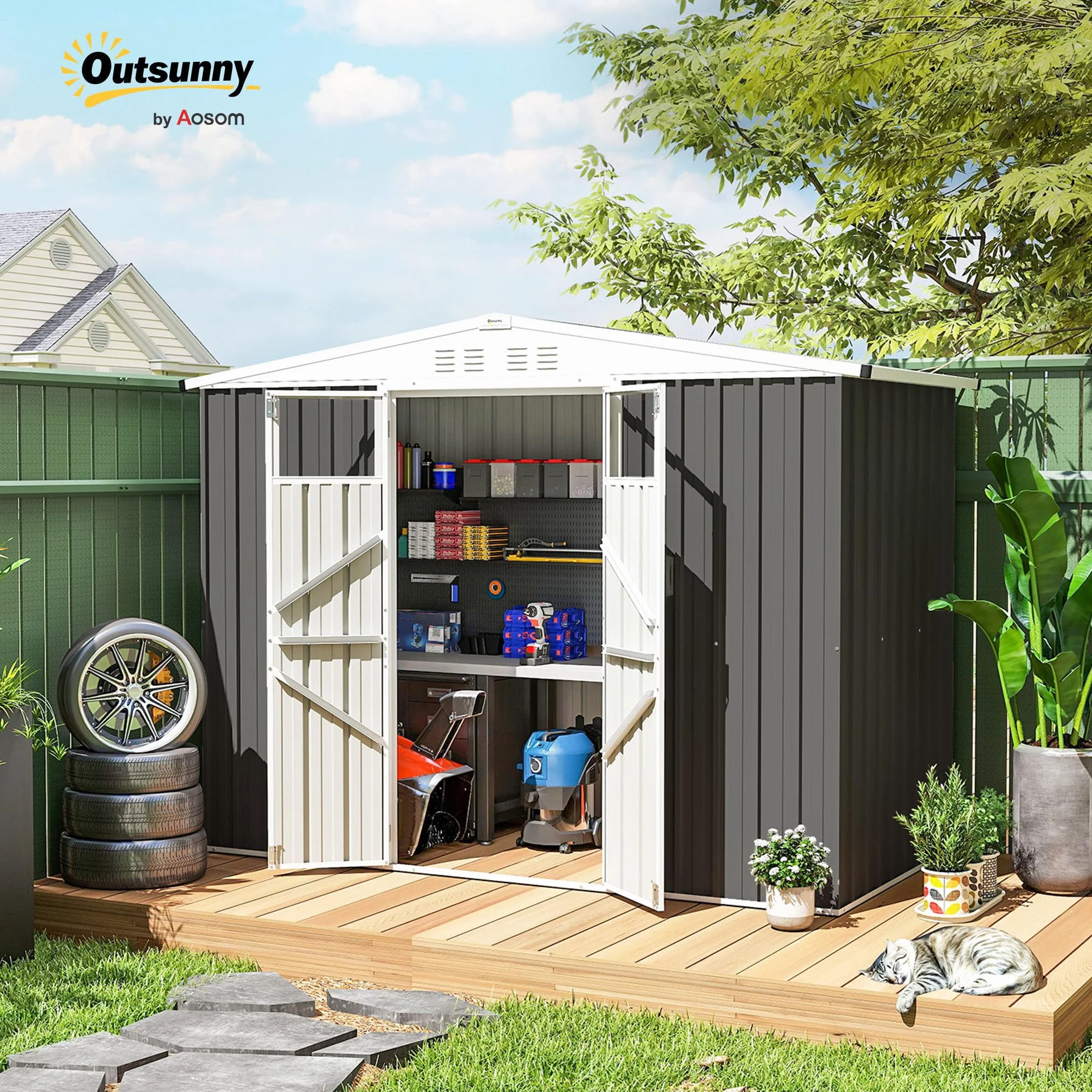 Outsunny Casetta da Giardino 2.7m² in Acciaio Zincato con 4 Prese d'Aria e 2 Finestre Trasparenti, Capanno Porta Attrezzi con Tetto Inclinato, Doppio Porte Bloccabili con Chiavi e Guanti Grigio Scuro
