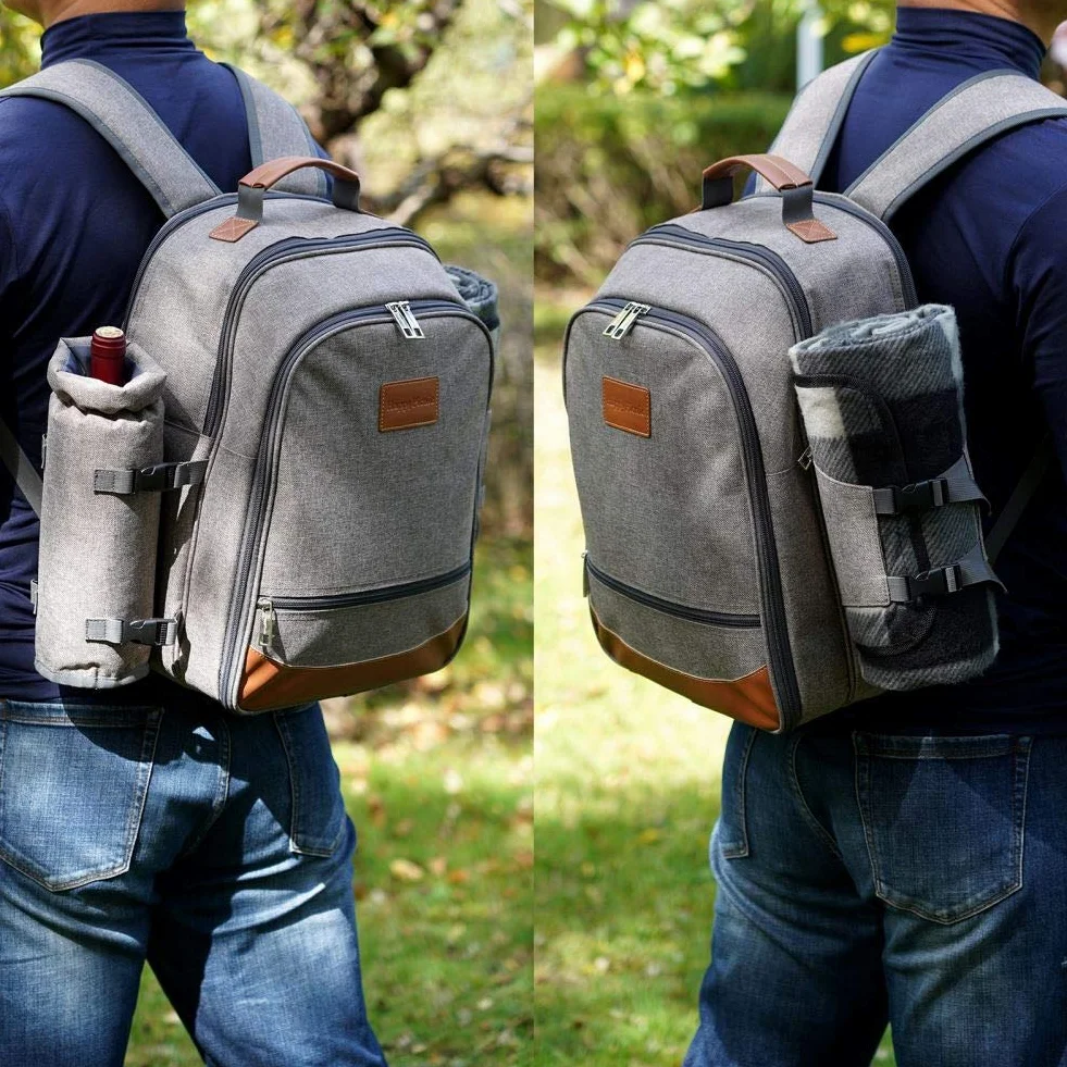 HappyPicnic Zaino da picnic isolato 4 persone stoviglie scomparto raffreddamento portabottiglie tappeto impermeabile