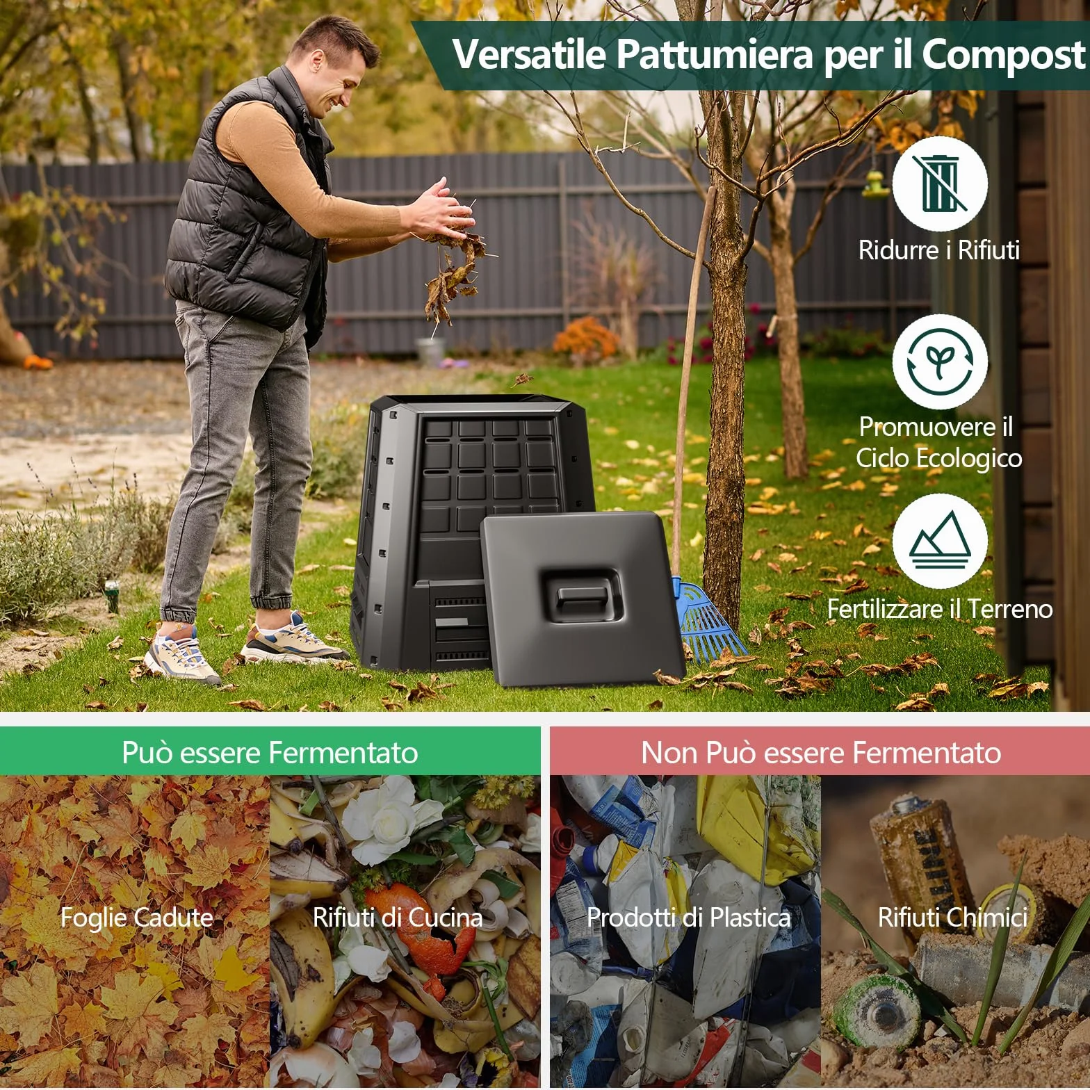 RELAX4LIFE Compostiera da Giardino da 380L, Contenitore per Compostaggio con Accesso Frontale, Ideale per Rifiuti da Giardino e Cucina