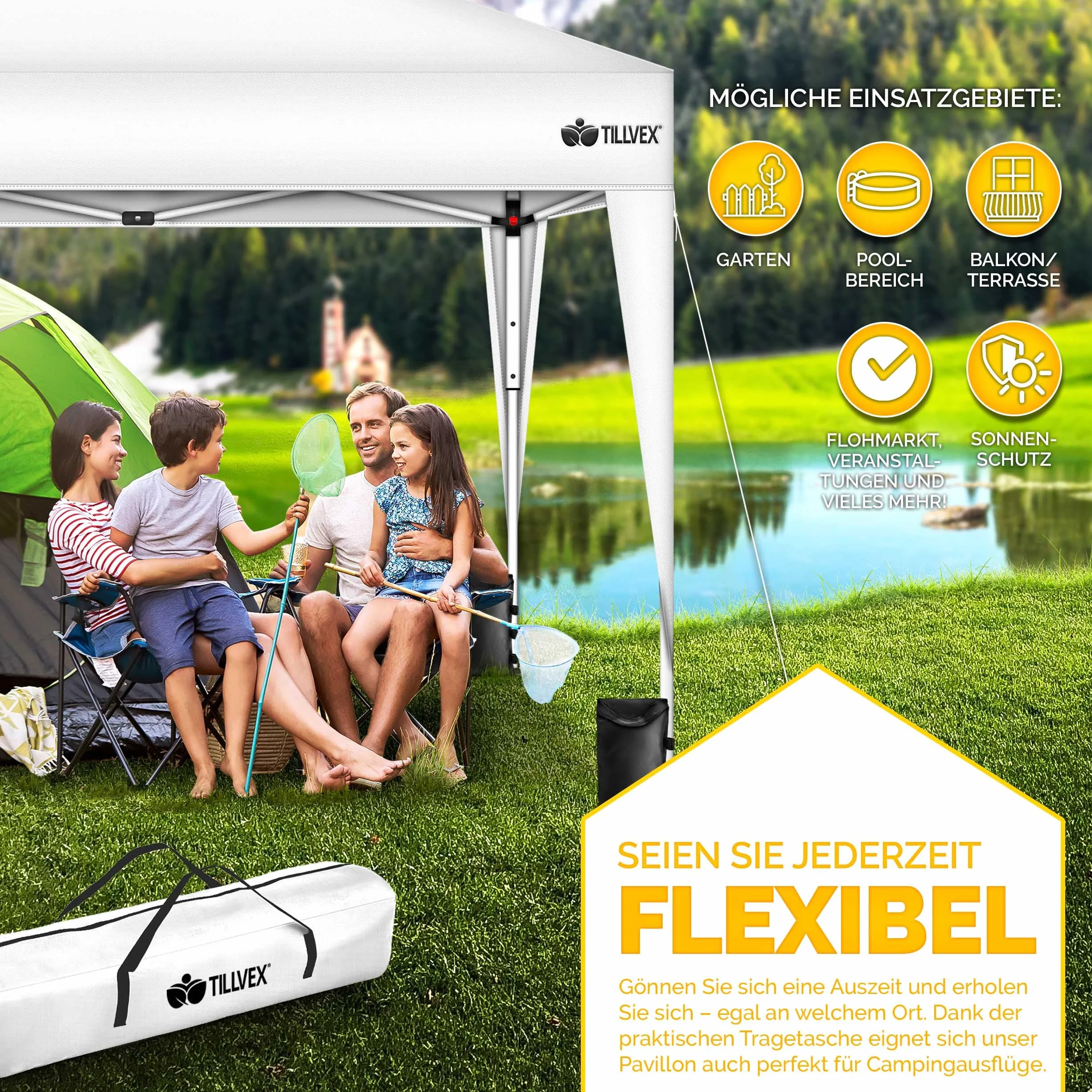 Tillvex Gazebo 3x3m Impermeabile Pieghevole Pop-Up Regolabile in Altezza con Protezione UV 50+ Tenda da Giardino Bianco