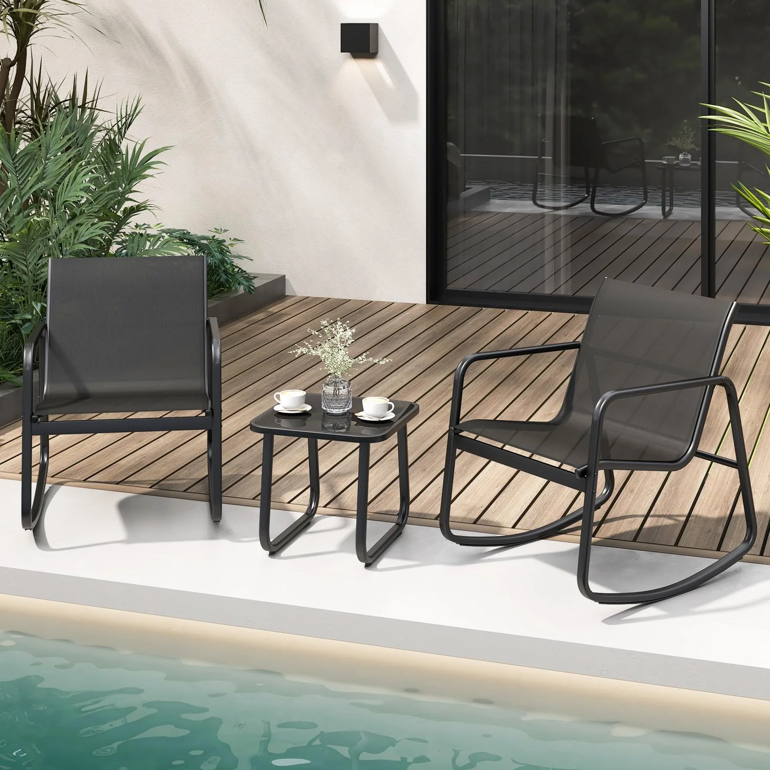 COSTWAY Set Bistrò 3 Pezzi, Sedie a Dondolo Ergonomiche Textilene, Tavolino Vetro Temperato, Struttura Metallo, Nero
