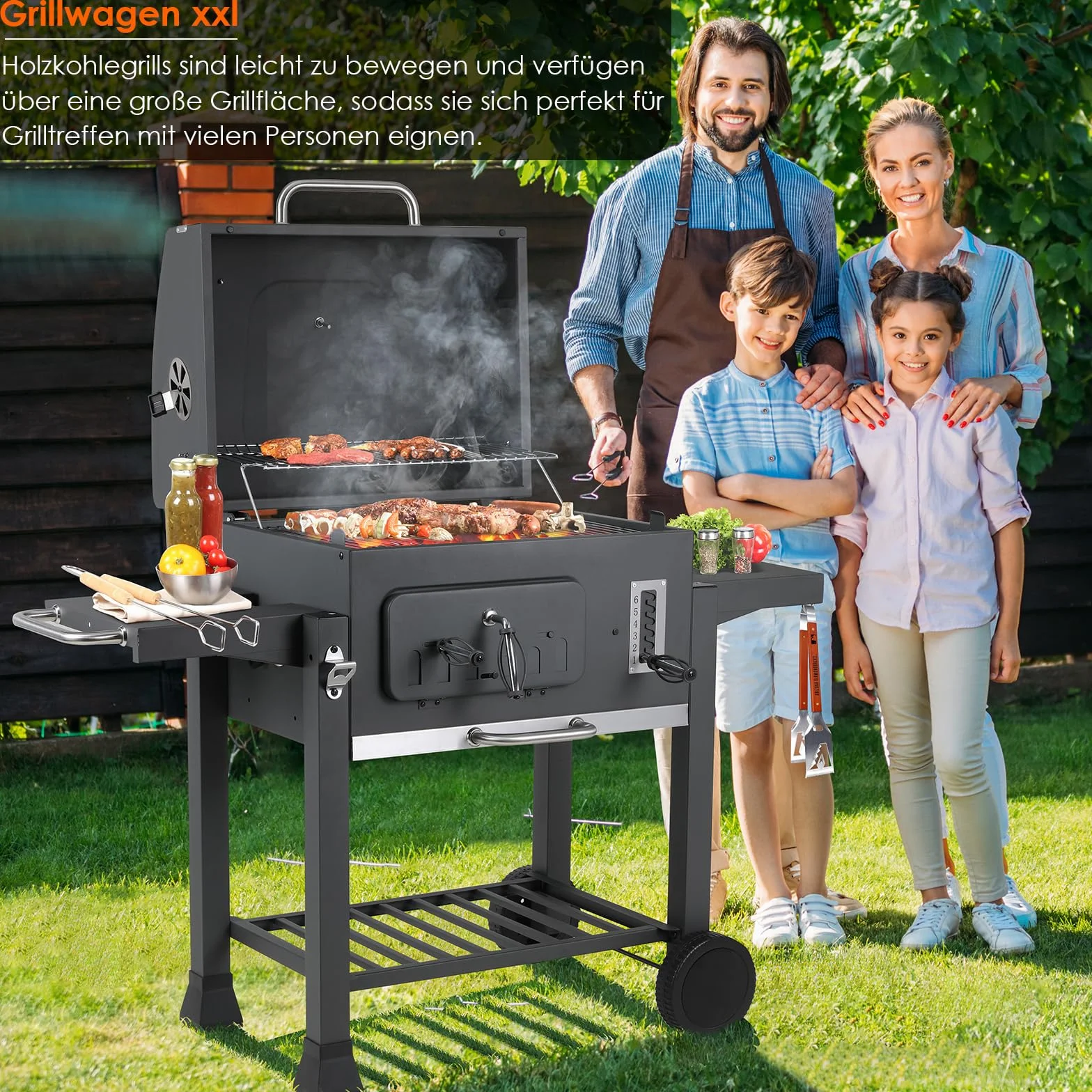 TLSUNNY Barbecue Carbonella XXL con Coperchio e Termometro, Ripiani Pieghevoli, Griglia BBQ Carbonella Grigio