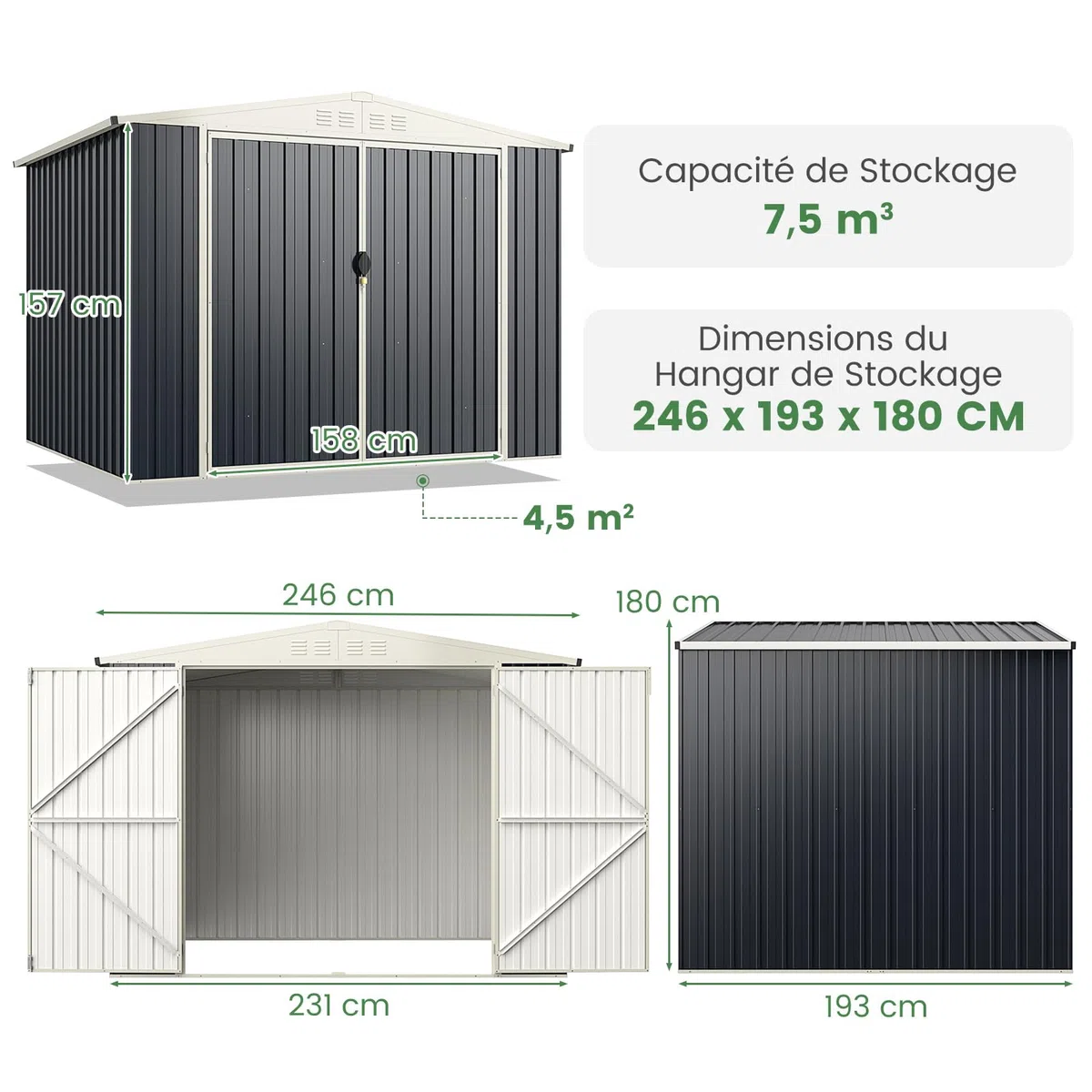 RELAX4LIFE Casetta da Giardino in Metallo 8M³ 5M², 246x193x180CM con Porta Bloccabile, Tetto Inclinato, Finestra di Ventilazione per Attrezzi Biciclette Rifiuti